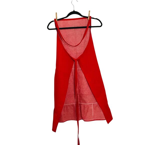 Unisex Cotton Apron:  One Size Fits All, Red, Stockpot Print, 2 Pockets, Ruffles - Picture 6 of 6